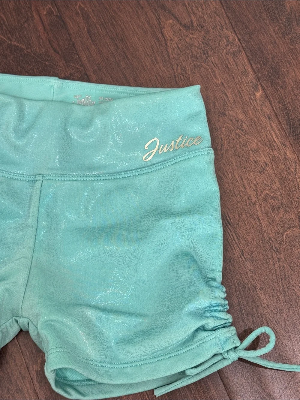 Justice Girls Dance Shorts Shimmery Aqua Blue Green Ruched Sides, size XS 5/6